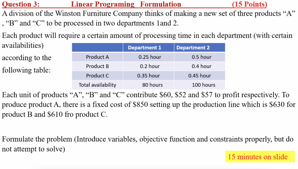 Question 3: Linear Programing Formulation (15