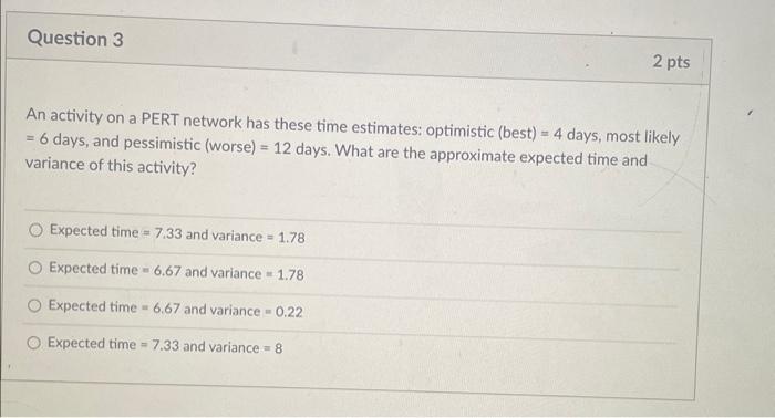 An activity on a PERT network has these time