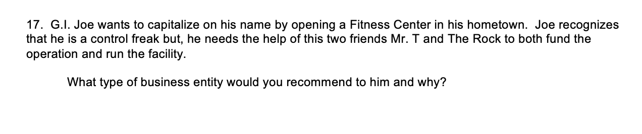 17. G.I. Joe wants to capitalize on his name by