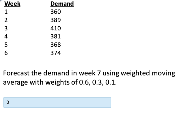 Week 1 2 3 4 Demand 360 389 410 381 368 374 5 6
