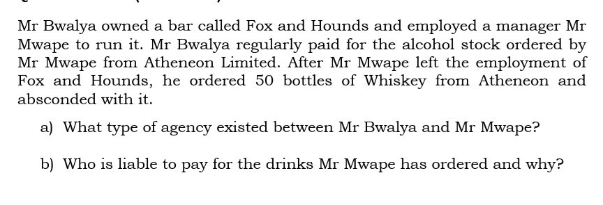 commercial law Mr Bwalya owned a bar called Fox
