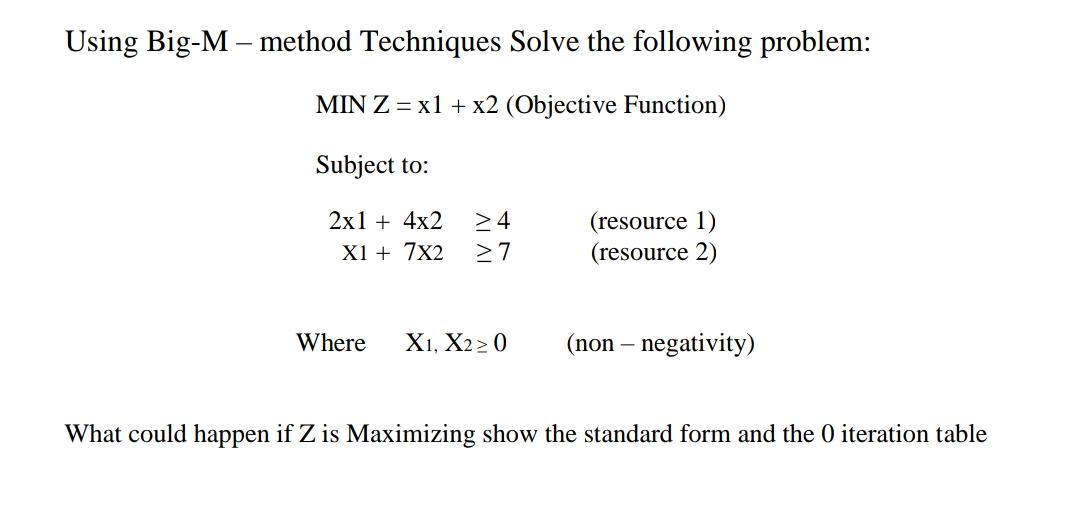 Using Big-M method Techniques Solve the following