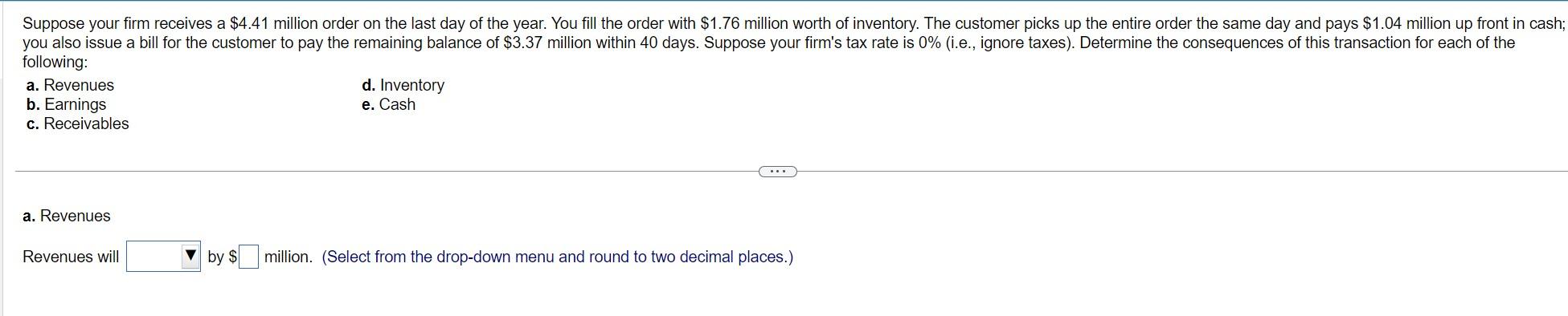 following: a. Revenues d. Inventory b. Earnings