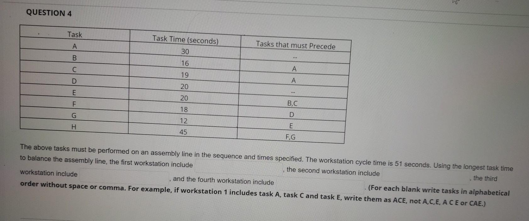 QUESTION 4 Task Task Time (seconds) 30 A Tasks