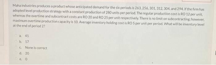 Maha industries produces a product whose