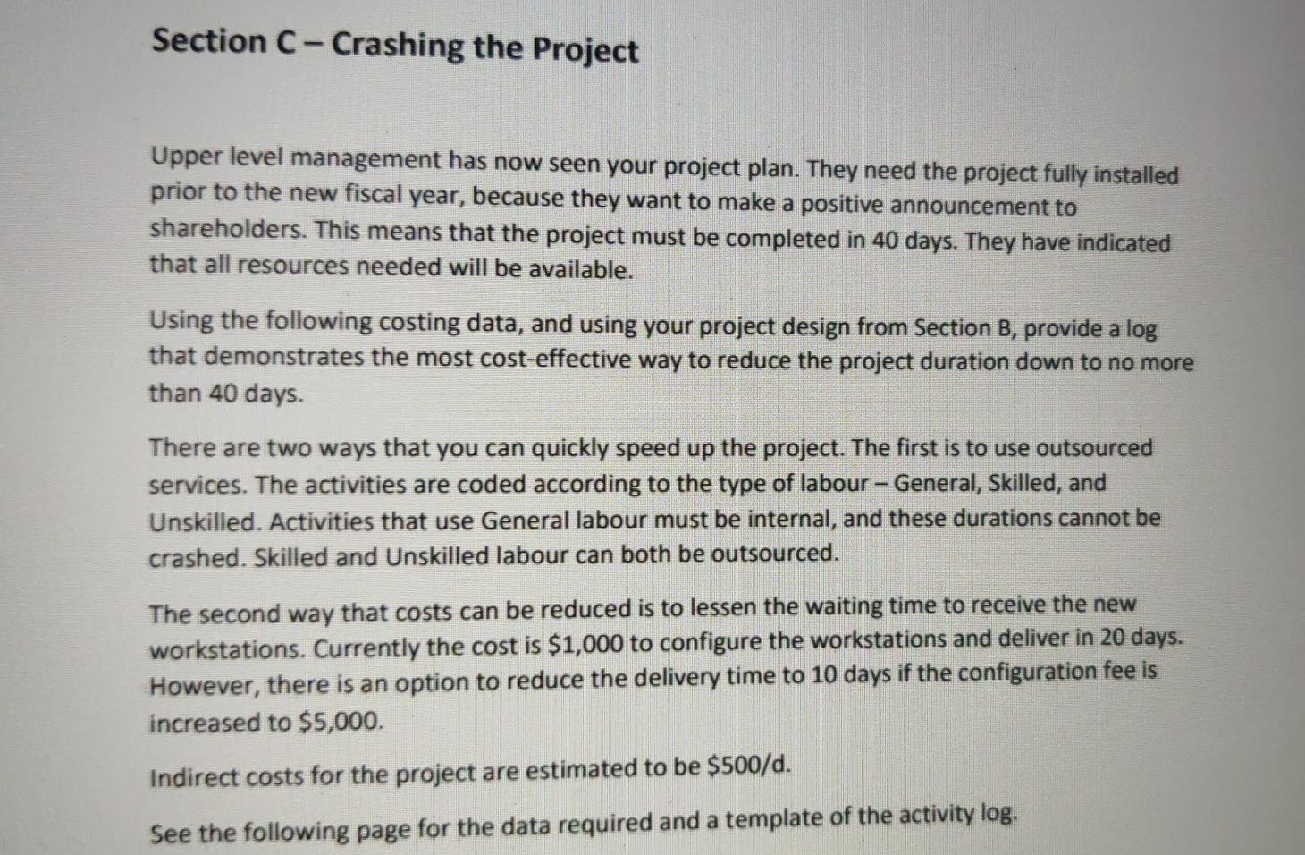 CRASHING create a completed data table and