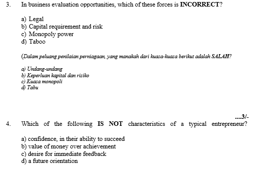3. In business evaluation opportunities, which of