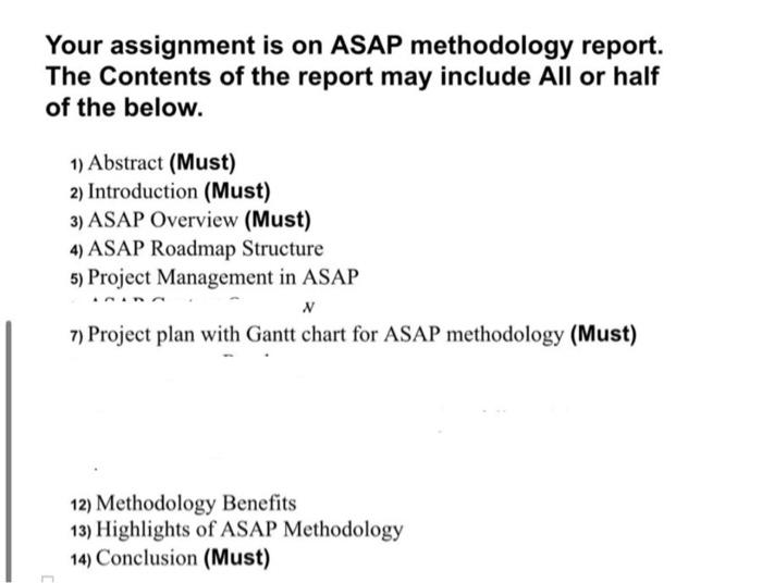Your assignment is on ASAP methodology report.