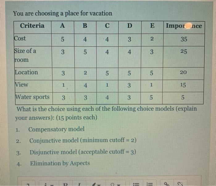 You are choosing a place for vacation Criteria A