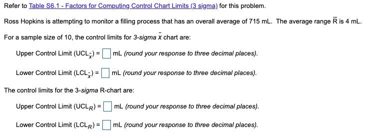 Refer to Table S6.1 - Factors for Computing