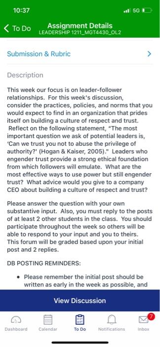 10:37 5 < To Do Assignment Details LEADERSHIP