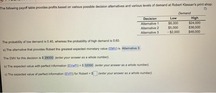 what is c? The following payoff table provides
