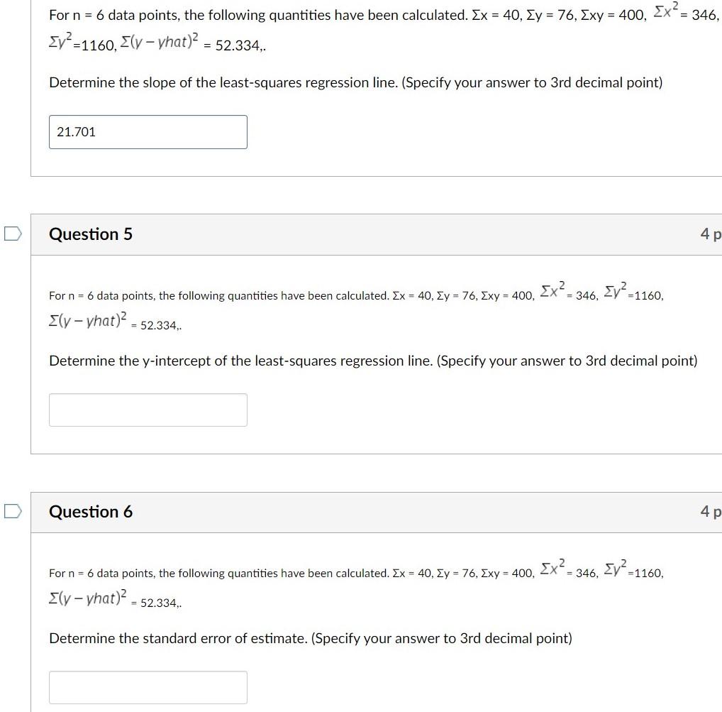 = For n = 6 data points, the following quantities