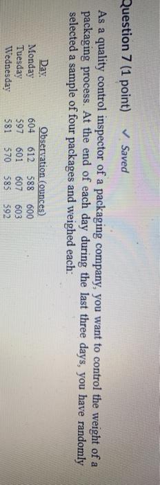 Question 7 (1 point) Saved As a quality control