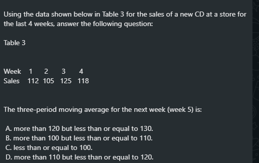Using the data shown below in Table 3 for the