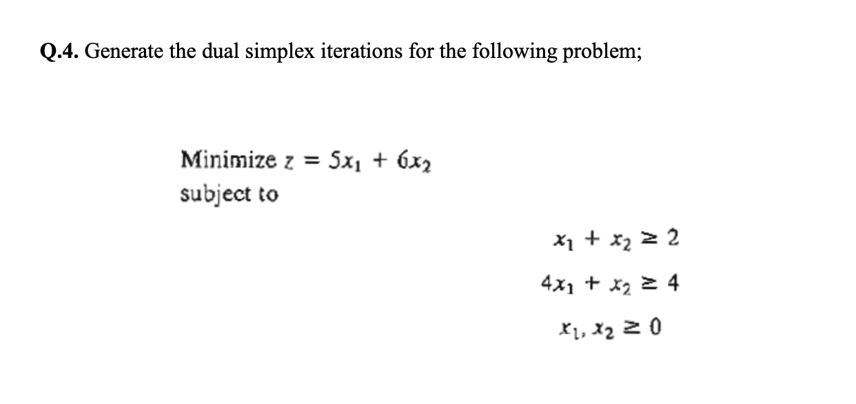 Q.4. Generate the dual simplex iterations for the
