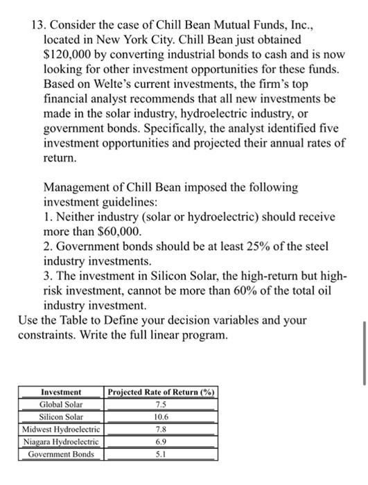 13. Consider the case of Chill Bean Mutual Funds,