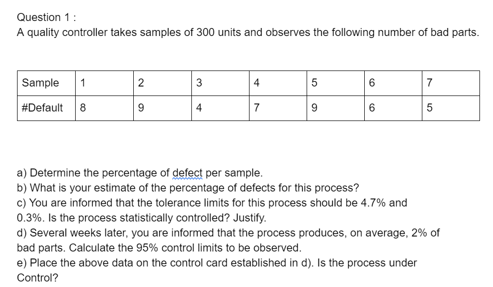 please somebody help me Question 1 : A quality