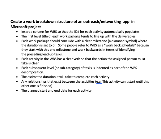 Create a work breakdown structure of an