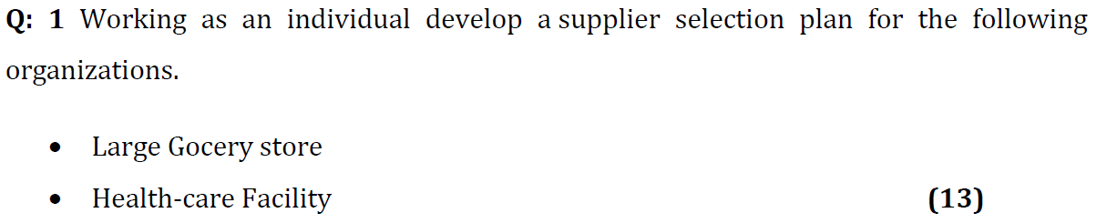 Q: 1 Working as an individual develop a supplier