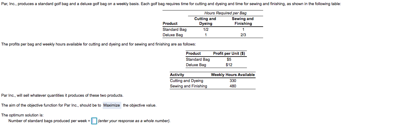 Par, Inc., produces a standard golf bag and a