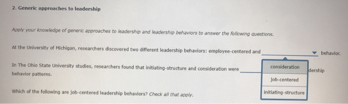 2. Generic approaches to leadership Apply your