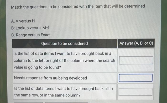 excel based Match the questions to be considered