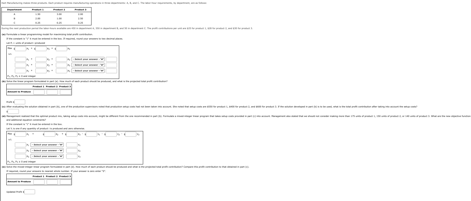 Hart Manufacturing makes three products. Each