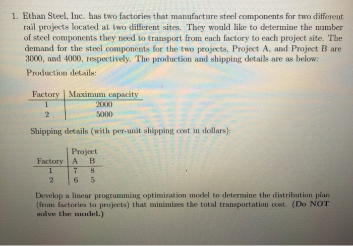 1. Ethan Steel, Inc. has two factories that