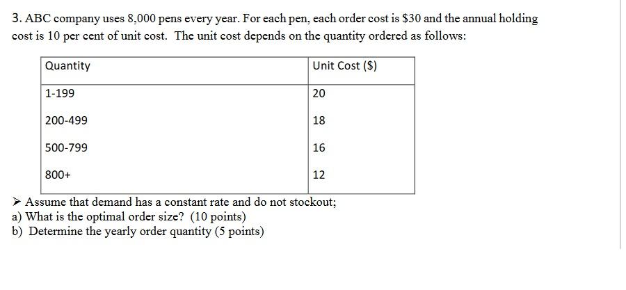 3. ABC company uses 8,000 pens every year. For