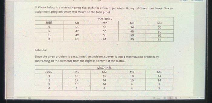 3. Given below is a matrix showing the profit for