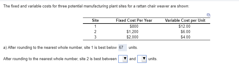 The fixed and variable costs for three potential