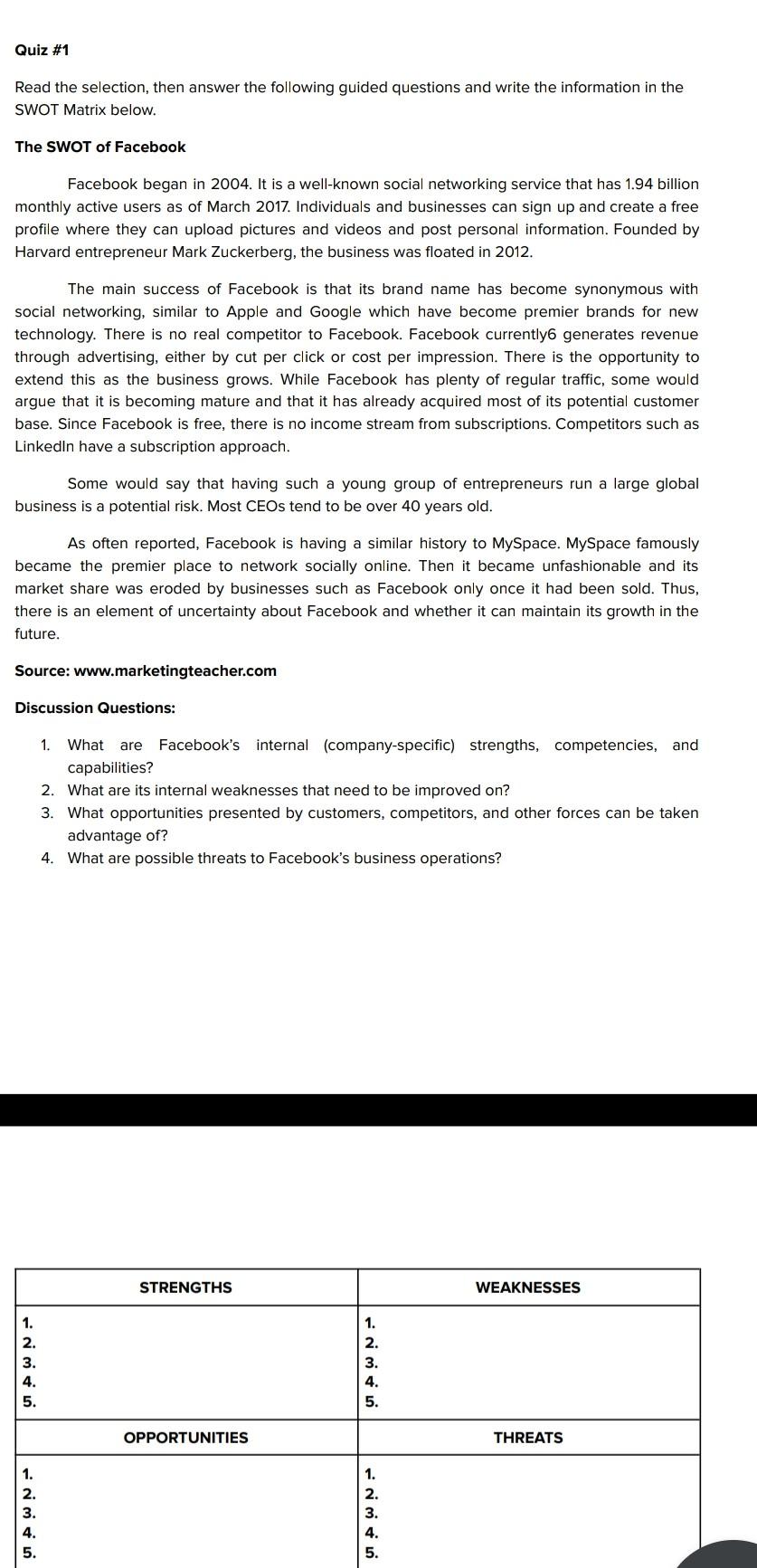 Quiz #1 Read the selection, then answer the