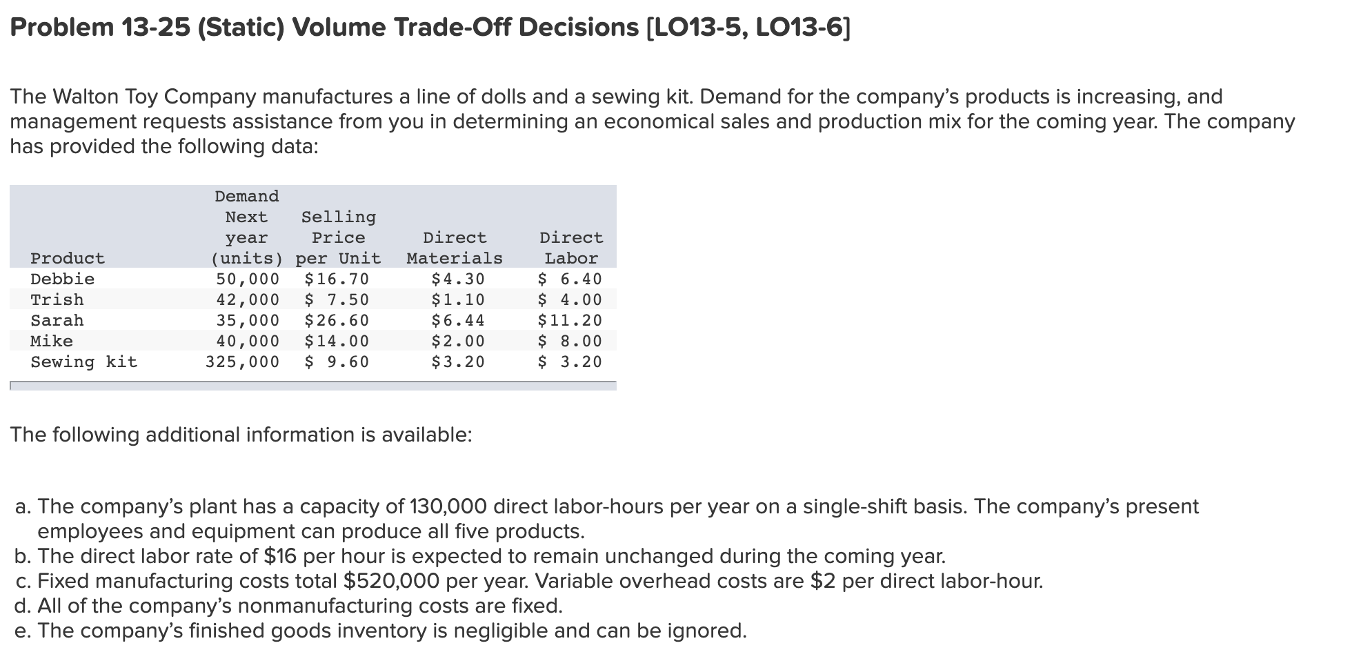 Problem 13-25 (Static) Volume Trade-Off Decisions