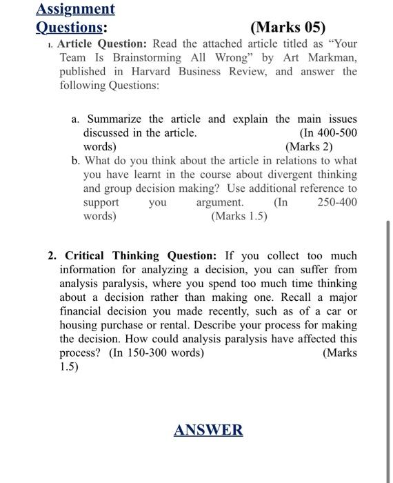decision making managment Assignment Questions:
