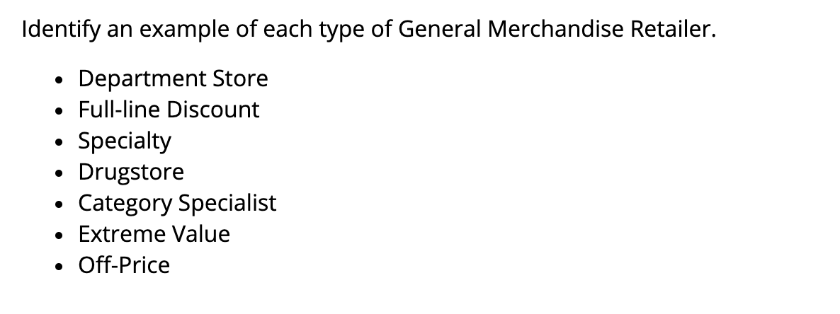 Identify an example of each type of General