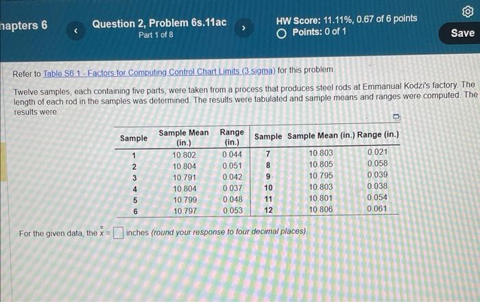 Twelve samples, each containing five parts, were