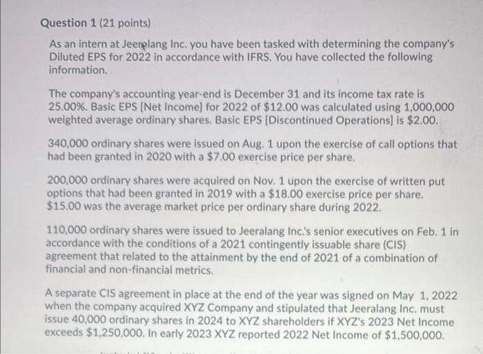 Question 1 (21 points) As an intern at Jeenplang