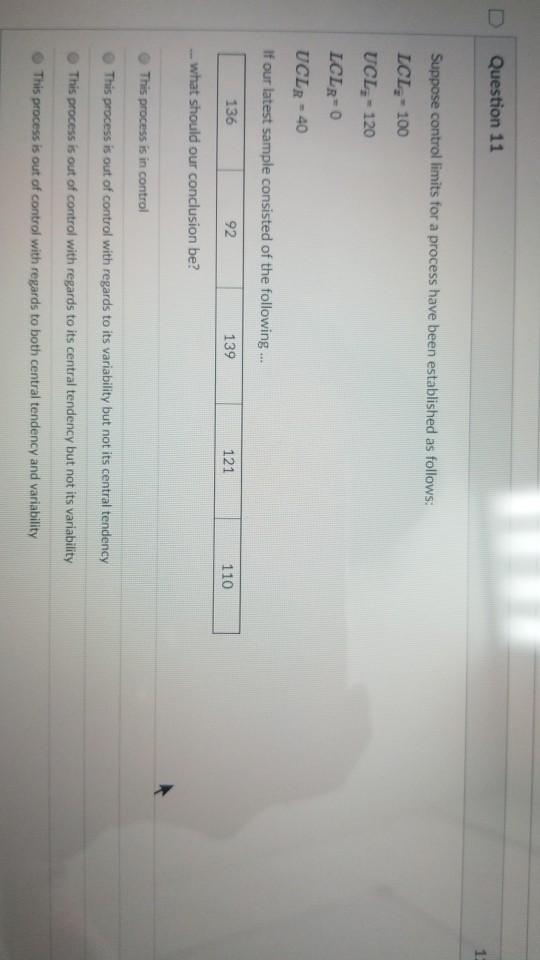 Question 11 11 Suppose control limits for a