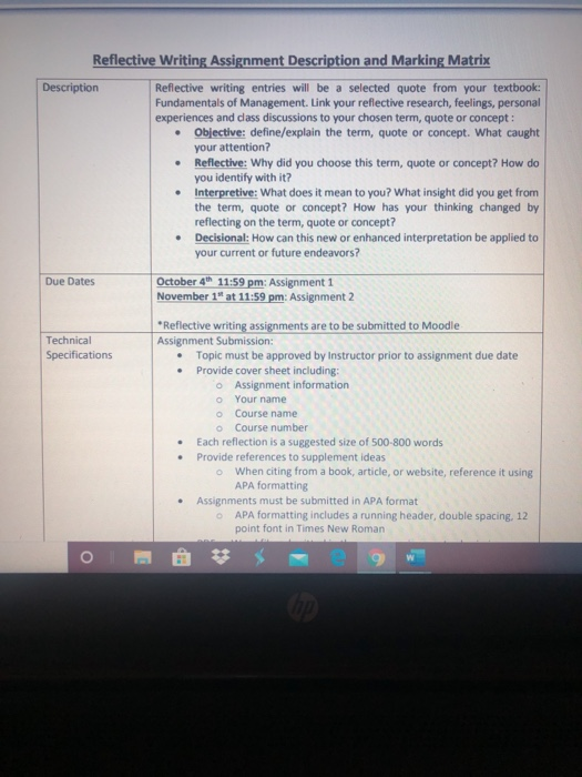 Reflective Writing Assignment Description and