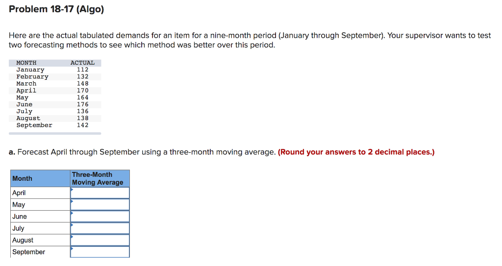Problem 18-17 (Algo) Here are the actual