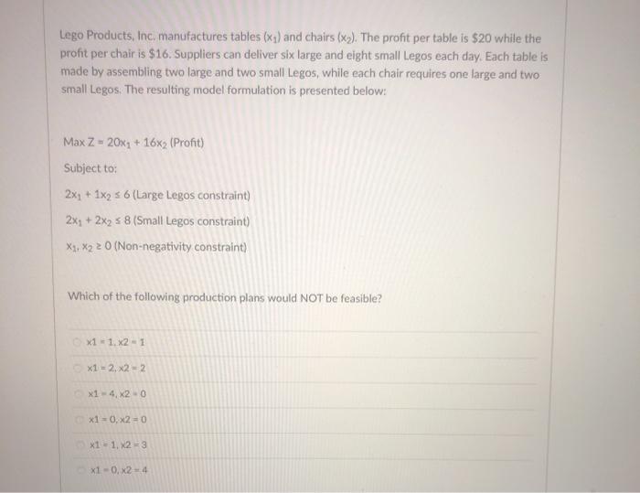Question 3 2 pts Lego Products, Inc, manufactures
