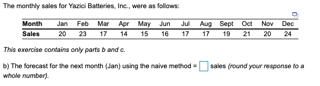 The monthly sales for Yazici Batteries, Inc.,