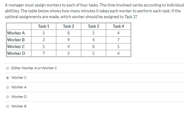 A manager must assign workers to each of four