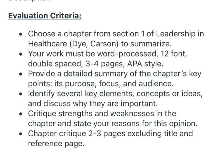 Evaluation Criteria: Choose a chapter from