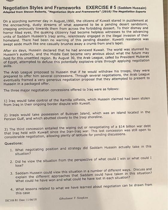 Negotiation Styles and Frameworks EXERCISE # 5