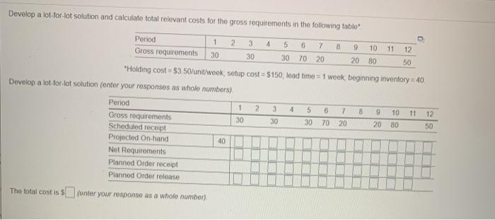 Develop a lot-for-lot solution and calculate