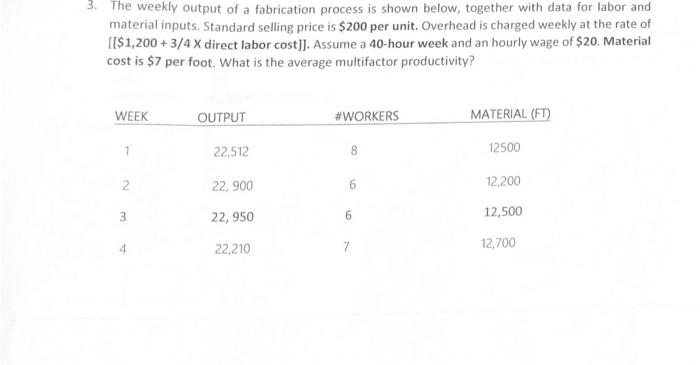 3. The weekly output of a fabrication process is