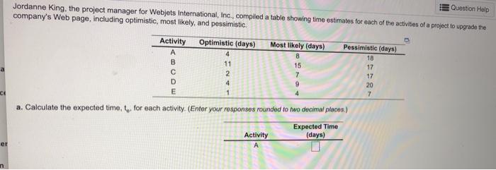 Question Help Jordanne King, the project manager
