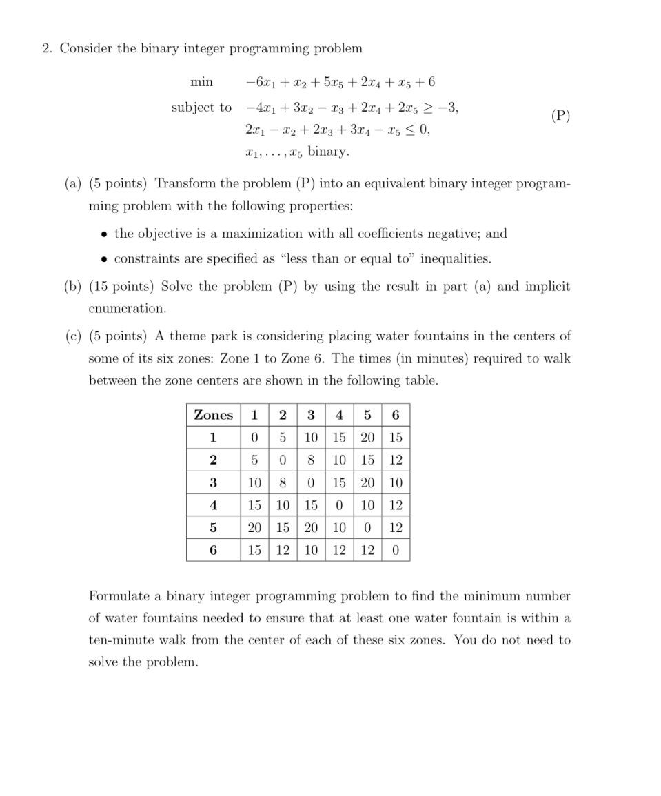 2. Consider the binary integer programming